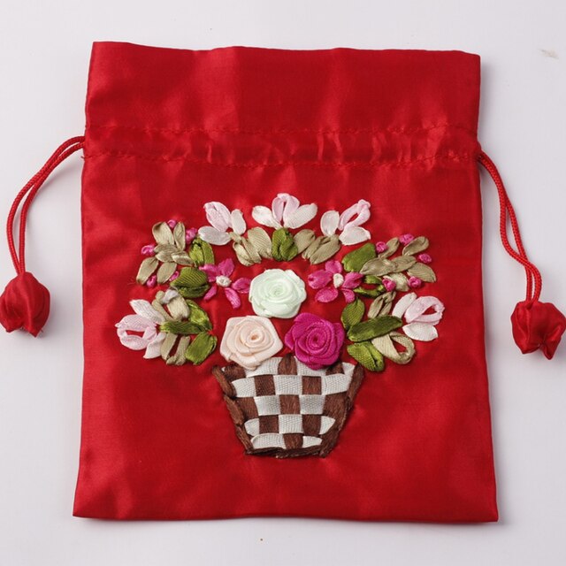 Jedwabna torba prezentowa haftowana 14x17cm - etui na biżuterię z nadrukowanymi kwiatami - sakiewka ślubna i saszetka czekoladowa - wielokrotnego użytku - Wianko - 5