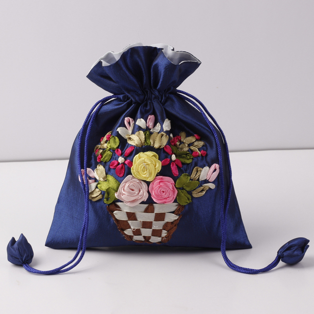 Jedwabna torba prezentowa haftowana 14x17cm - etui na biżuterię z nadrukowanymi kwiatami - sakiewka ślubna i saszetka czekoladowa - wielokrotnego użytku - Wianko - 9