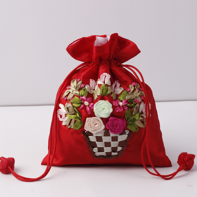 Jedwabna torba prezentowa haftowana 14x17cm - etui na biżuterię z nadrukowanymi kwiatami - sakiewka ślubna i saszetka czekoladowa - wielokrotnego użytku - Wianko - 7