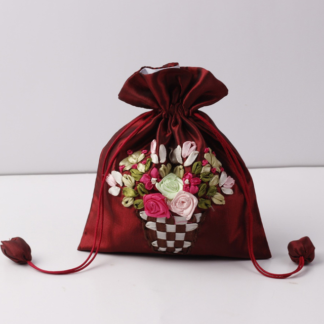 Jedwabna torba prezentowa haftowana 14x17cm - etui na biżuterię z nadrukowanymi kwiatami - sakiewka ślubna i saszetka czekoladowa - wielokrotnego użytku - Wianko - 14