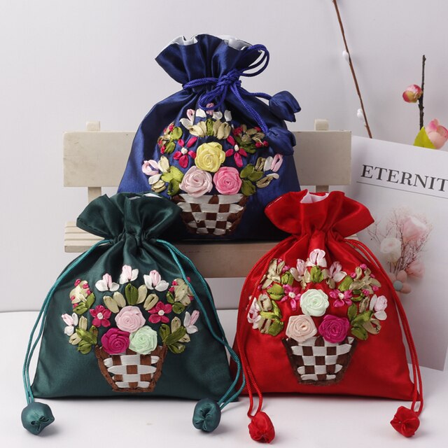 Jedwabna torba prezentowa haftowana 14x17cm - etui na biżuterię z nadrukowanymi kwiatami - sakiewka ślubna i saszetka czekoladowa - wielokrotnego użytku - Wianko - 2