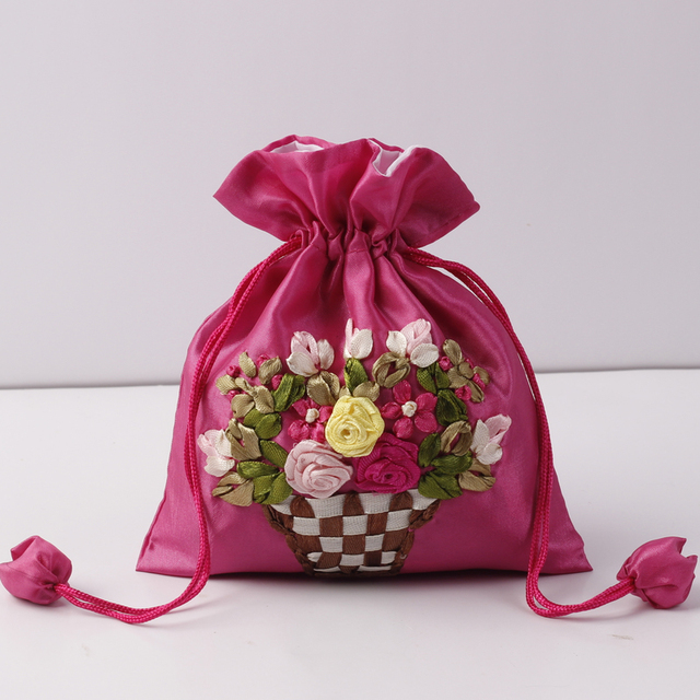 Jedwabna torba prezentowa haftowana 14x17cm - etui na biżuterię z nadrukowanymi kwiatami - sakiewka ślubna i saszetka czekoladowa - wielokrotnego użytku - Wianko - 16