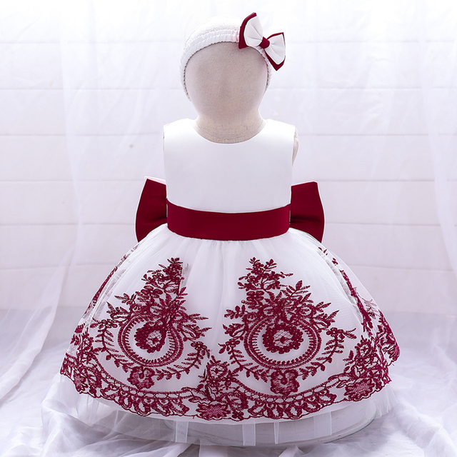 Suknia urodzinowa dla noworodka - formalna, haftowana, z kokardką - pierwszy rok dla dziewczynki - księżniczka, suknia ślubna - Wianko - 3