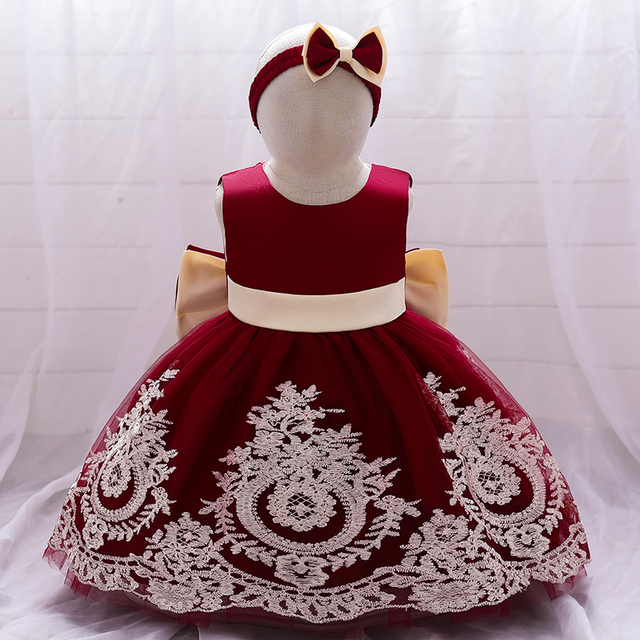 Suknia urodzinowa dla noworodka - formalna, haftowana, z kokardką - pierwszy rok dla dziewczynki - księżniczka, suknia ślubna - Wianko - 1
