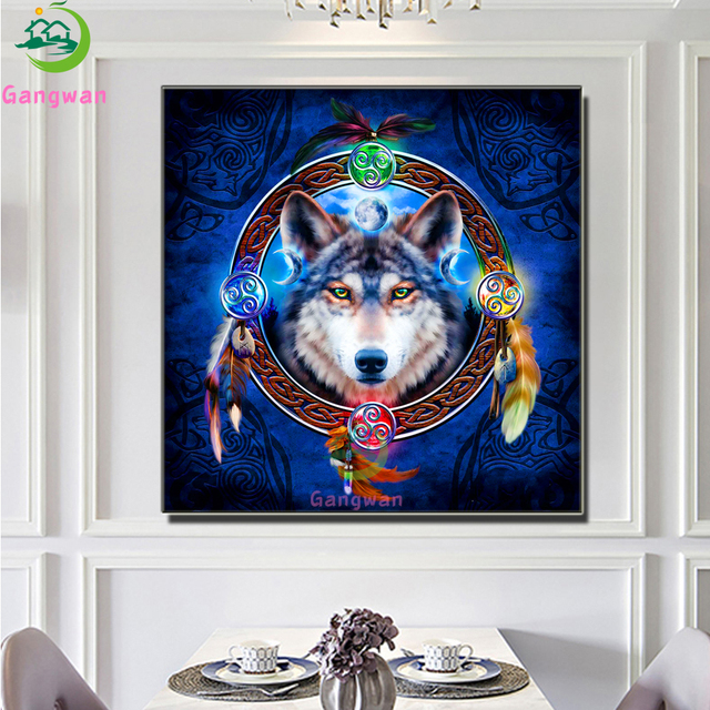Diamentowe malowanie ściegiem krzyżykowym: Pełna kwadratowa/okrągła wiertarka 5D DIY z indyjskim motywem wilka, piórami i mozaikowym wykończeniem - Wianko - 3