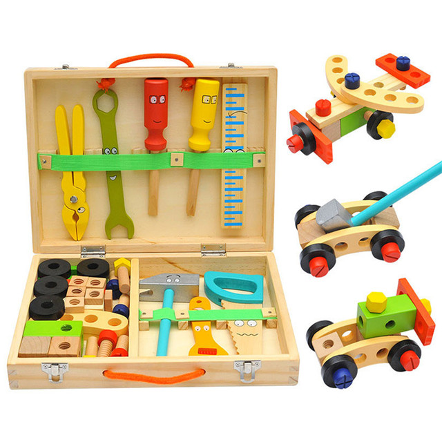 Drewniana skrzynka z narzędziami DIY dla dzieci - edukacyjne zestaw narzędzi do naprawy, symulacja, nauka inżynierii, puzzle - prezent dla chłopca - Wianko - 2