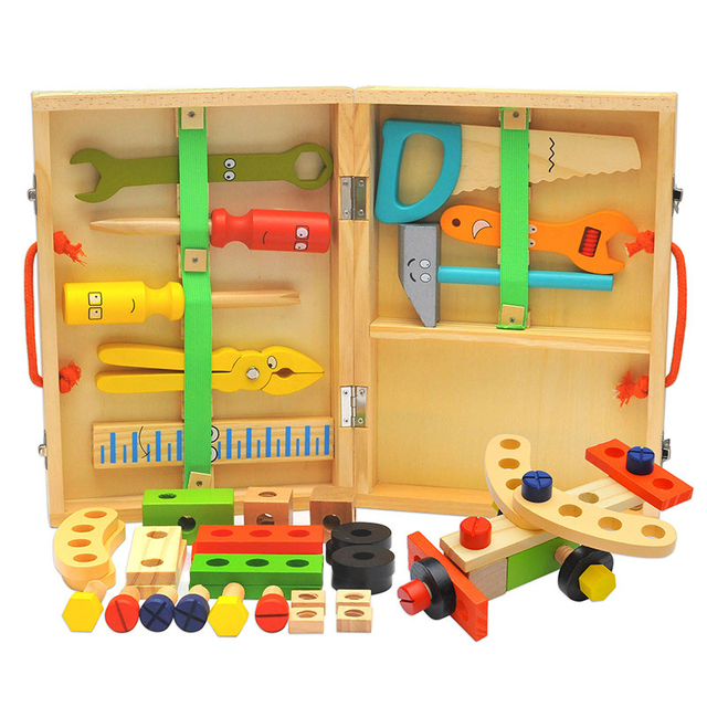 Drewniana skrzynka z narzędziami DIY dla dzieci - edukacyjne zestaw narzędzi do naprawy, symulacja, nauka inżynierii, puzzle - prezent dla chłopca - Wianko - 10