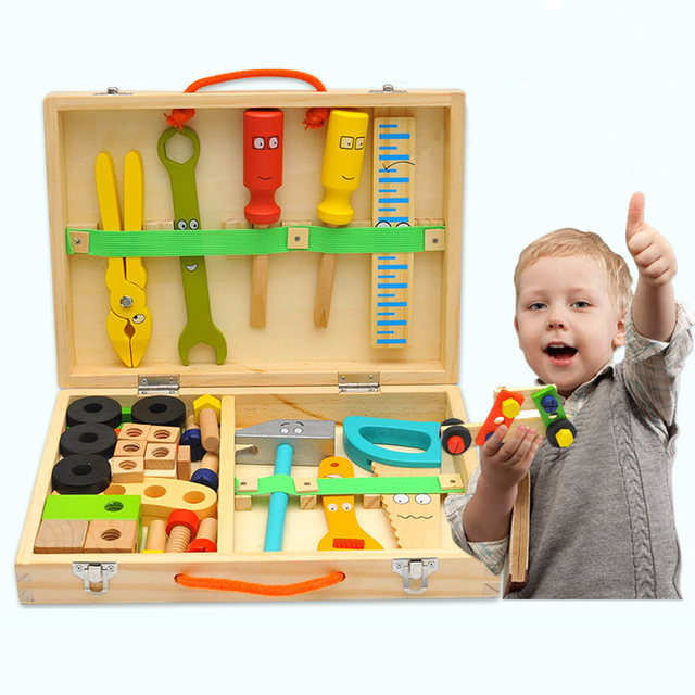 Drewniana skrzynka z narzędziami DIY dla dzieci - edukacyjne zestaw narzędzi do naprawy, symulacja, nauka inżynierii, puzzle - prezent dla chłopca - Wianko - 1