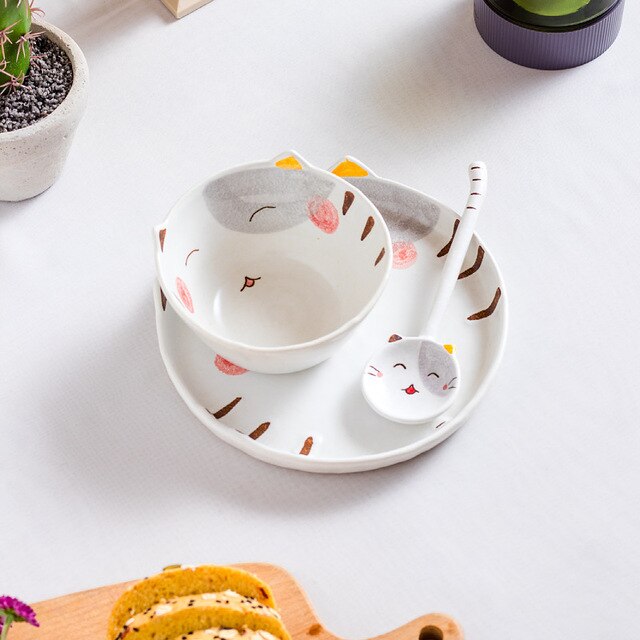 Zestaw naczyń obiadowych Jingdezhen z ręcznym malowaniem, ceramiką chropowatą, w kształcie słodkiego kociaka, wraz z łyżkami - kreatywne japońskie naczynia ręcznie malowane - Wianko - 3
