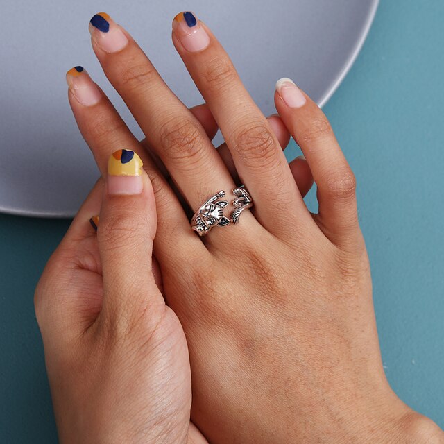 Regulowany pierścionek zwierząt z motywem królika, delfina i hipisowskiego stylu vintage, wykonany ręcznie z posrebrzanymi knuckles – prezent biżuteryjny dla kobiet i dziewcząt - Wianko - 90