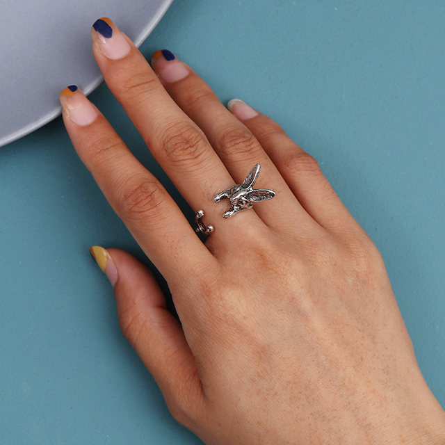 Regulowany pierścionek zwierząt z motywem królika, delfina i hipisowskiego stylu vintage, wykonany ręcznie z posrebrzanymi knuckles – prezent biżuteryjny dla kobiet i dziewcząt - Wianko - 27