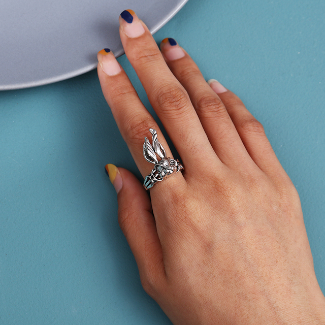 Regulowany pierścionek zwierząt z motywem królika, delfina i hipisowskiego stylu vintage, wykonany ręcznie z posrebrzanymi knuckles – prezent biżuteryjny dla kobiet i dziewcząt - Wianko - 40