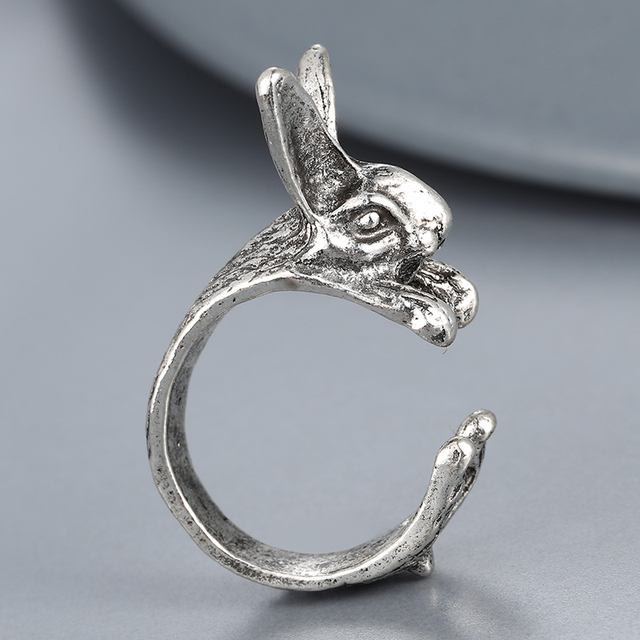 Regulowany pierścionek zwierząt z motywem królika, delfina i hipisowskiego stylu vintage, wykonany ręcznie z posrebrzanymi knuckles – prezent biżuteryjny dla kobiet i dziewcząt - Wianko - 29