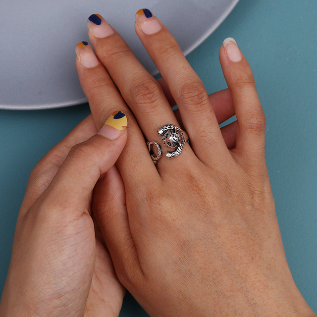 Regulowany pierścionek zwierząt z motywem królika, delfina i hipisowskiego stylu vintage, wykonany ręcznie z posrebrzanymi knuckles – prezent biżuteryjny dla kobiet i dziewcząt - Wianko - 16