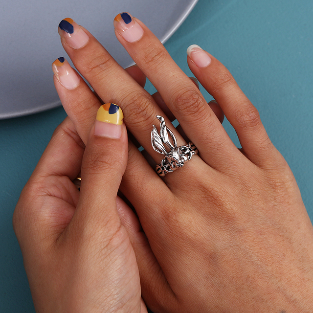 Regulowany pierścionek zwierząt z motywem królika, delfina i hipisowskiego stylu vintage, wykonany ręcznie z posrebrzanymi knuckles – prezent biżuteryjny dla kobiet i dziewcząt - Wianko - 42