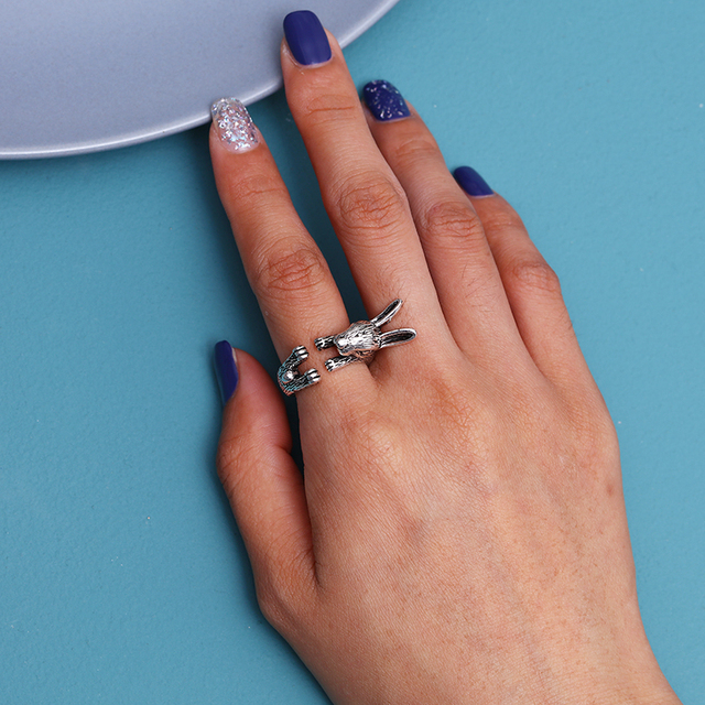 Regulowany pierścionek zwierząt z motywem królika, delfina i hipisowskiego stylu vintage, wykonany ręcznie z posrebrzanymi knuckles – prezent biżuteryjny dla kobiet i dziewcząt - Wianko - 54