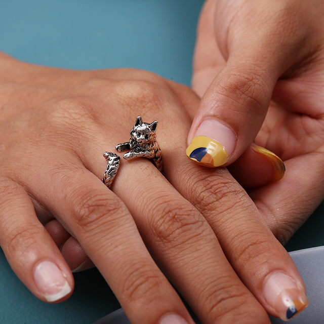 Regulowany pierścionek zwierząt z motywem królika, delfina i hipisowskiego stylu vintage, wykonany ręcznie z posrebrzanymi knuckles – prezent biżuteryjny dla kobiet i dziewcząt - Wianko - 106