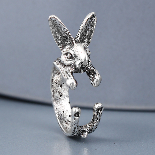 Regulowany pierścionek zwierząt z motywem królika, delfina i hipisowskiego stylu vintage, wykonany ręcznie z posrebrzanymi knuckles – prezent biżuteryjny dla kobiet i dziewcząt - Wianko - 31