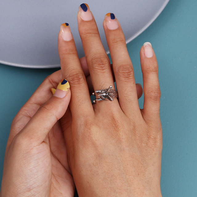 Regulowany pierścionek zwierząt z motywem królika, delfina i hipisowskiego stylu vintage, wykonany ręcznie z posrebrzanymi knuckles – prezent biżuteryjny dla kobiet i dziewcząt - Wianko - 28