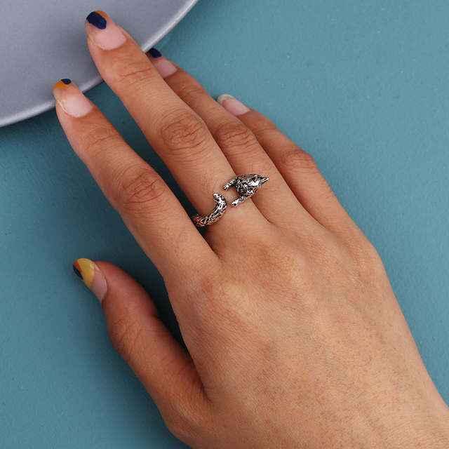 Regulowany pierścionek zwierząt z motywem królika, delfina i hipisowskiego stylu vintage, wykonany ręcznie z posrebrzanymi knuckles – prezent biżuteryjny dla kobiet i dziewcząt - Wianko - 105