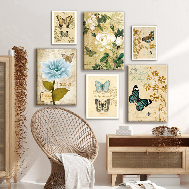 Plakat na ścianę - Vintage Fashion Butterfly, owad natura, malarstwo i kaligrafia, przedszkole, wystrój salonu, płótno malarskie dla dzieci - Wianko - 4