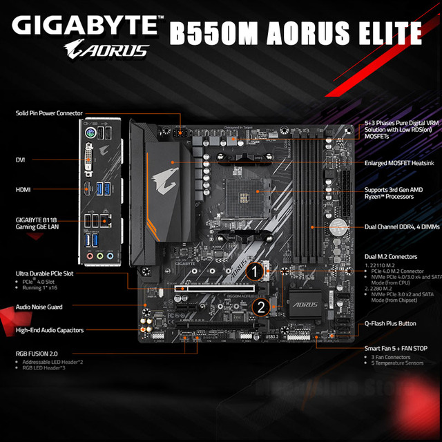 Płyta główna GIGABYTE B550M AORUS ELITE z gniazdem AM4, obsługą DDR4, HDMI, PCI-E 4.0 i M.2, kompatybilna z AMD B550, OverLocking, 128GB - Wianko - 2
