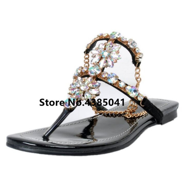Sandały damskie gladiator z dżetami i łańcuchami na płaskim obcasie, ozdobione kryształami - rozmiar 43 - Wianko - 11
