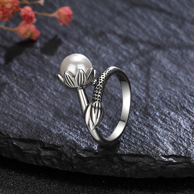 Kwiatowy pierścionek z perłą i wzorem Vintage, 8MM, 925 srebro - Wianko - 2