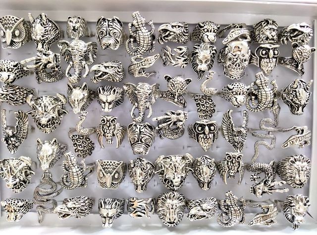 50 sztuk zwierząt mix pierścienie męskie: czaszka, wąż, lew, leopard, smok, słoń, sowa, gecko, orzeł - prezent - Wianko - 10
