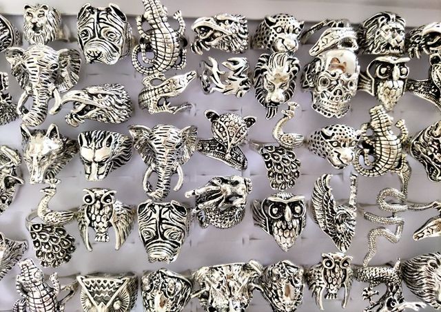 50 sztuk zwierząt mix pierścienie męskie: czaszka, wąż, lew, leopard, smok, słoń, sowa, gecko, orzeł - prezent - Wianko - 8