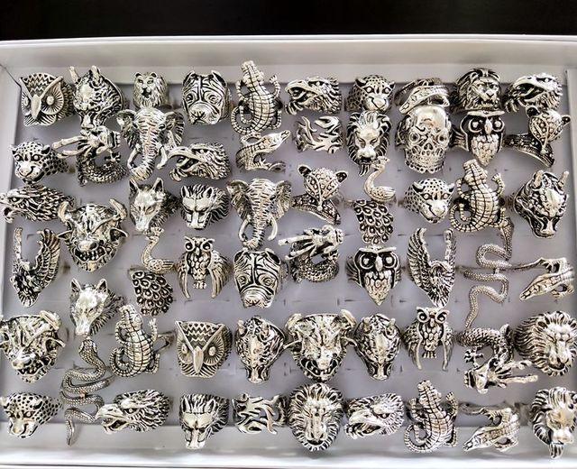 50 sztuk zwierząt mix pierścienie męskie: czaszka, wąż, lew, leopard, smok, słoń, sowa, gecko, orzeł - prezent - Wianko - 1