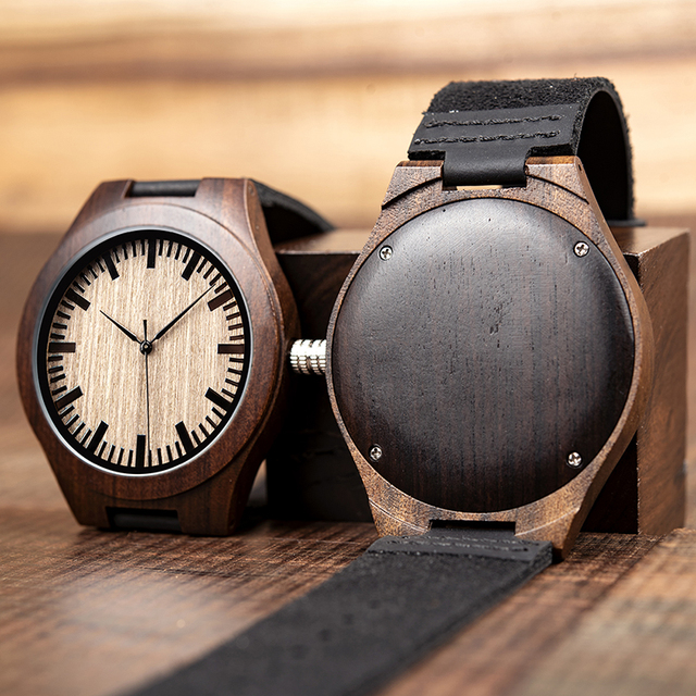 Drewniany zegarek BOBO ptak moda klasyczna dla mężczyzn, heban, zegarek handmade, kwarcowy, prezent erkek kol saati, w pudełku L-F08 - Wianko - 6