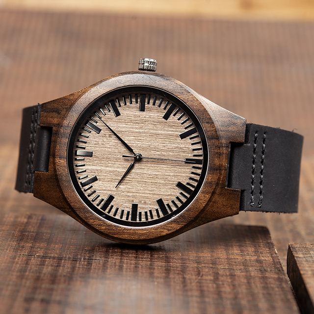Drewniany zegarek BOBO ptak moda klasyczna dla mężczyzn, heban, zegarek handmade, kwarcowy, prezent erkek kol saati, w pudełku L-F08 - Wianko - 5