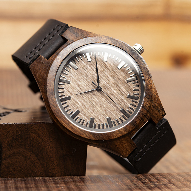 Drewniany zegarek BOBO ptak moda klasyczna dla mężczyzn, heban, zegarek handmade, kwarcowy, prezent erkek kol saati, w pudełku L-F08 - Wianko - 4