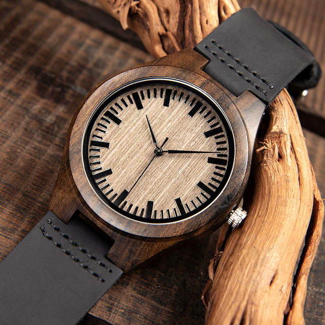 Drewniany zegarek BOBO ptak moda klasyczna dla mężczyzn, heban, zegarek handmade, kwarcowy, prezent erkek kol saati, w pudełku L-F08 - Wianko - 3