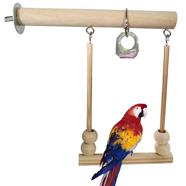 Stojak huśtawka drewniany dla papug z pierścieniem huśtawki, klatką, linią wspinaczkową i materiałami do żucia - Wianko - 1