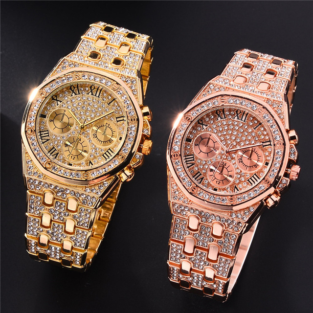 Zegarek męski Iced Out luksusowy pełen diamentów, złoto, stal nierdzewna, kwarcowy - prezent - Wianko - 5