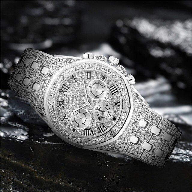 Zegarek męski Iced Out luksusowy pełen diamentów, złoto, stal nierdzewna, kwarcowy - prezent - Wianko - 12