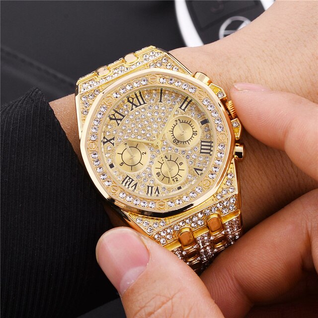 Zegarek męski Iced Out luksusowy pełen diamentów, złoto, stal nierdzewna, kwarcowy - prezent - Wianko - 4