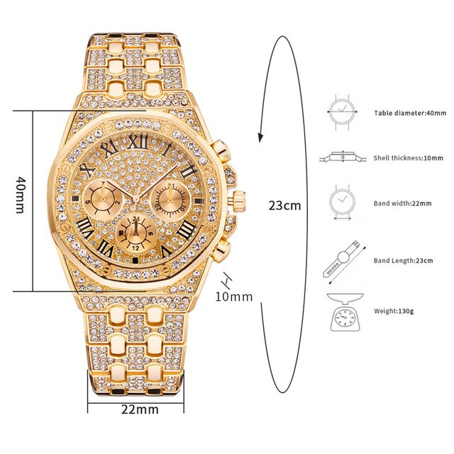 Zegarek męski Iced Out luksusowy pełen diamentów, złoto, stal nierdzewna, kwarcowy - prezent - Wianko - 2