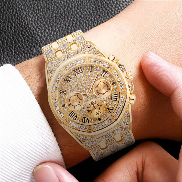 Zegarek męski Iced Out luksusowy pełen diamentów, złoto, stal nierdzewna, kwarcowy - prezent - Wianko - 9