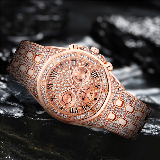 Zegarek męski Iced Out luksusowy pełen diamentów, złoto, stal nierdzewna, kwarcowy - prezent - Wianko - 11