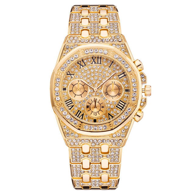 Zegarek męski Iced Out luksusowy pełen diamentów, złoto, stal nierdzewna, kwarcowy - prezent - Wianko - 13