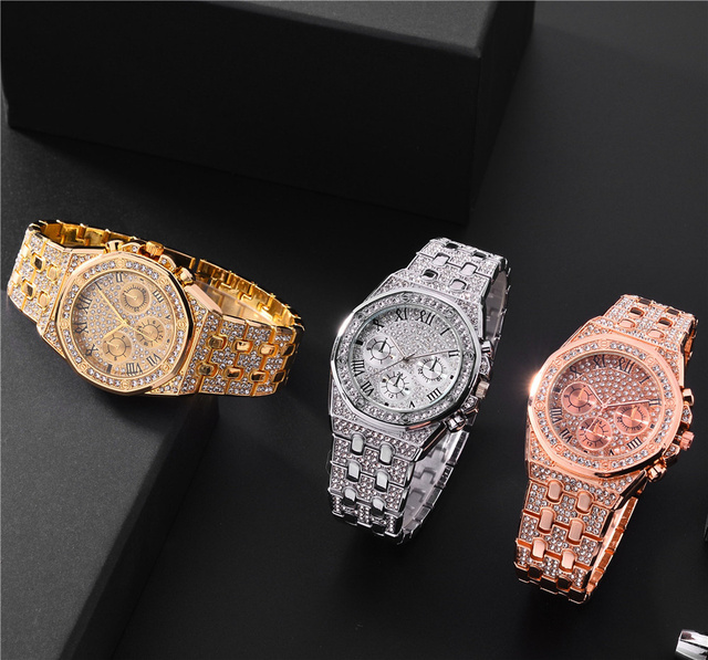 Zegarek męski Iced Out luksusowy pełen diamentów, złoto, stal nierdzewna, kwarcowy - prezent - Wianko - 6