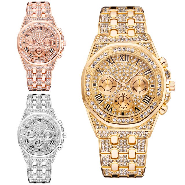 Zegarek męski Iced Out luksusowy pełen diamentów, złoto, stal nierdzewna, kwarcowy - prezent - Wianko - 3