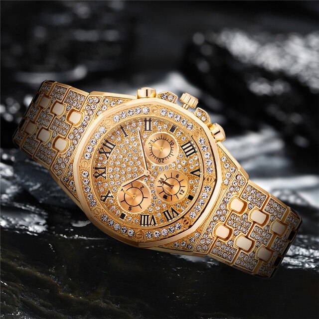 Zegarek męski Iced Out luksusowy pełen diamentów, złoto, stal nierdzewna, kwarcowy - prezent - Wianko - 10