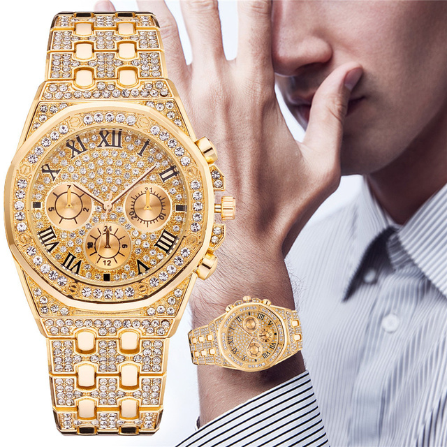 Zegarek męski Iced Out luksusowy pełen diamentów, złoto, stal nierdzewna, kwarcowy - prezent - Wianko - 1