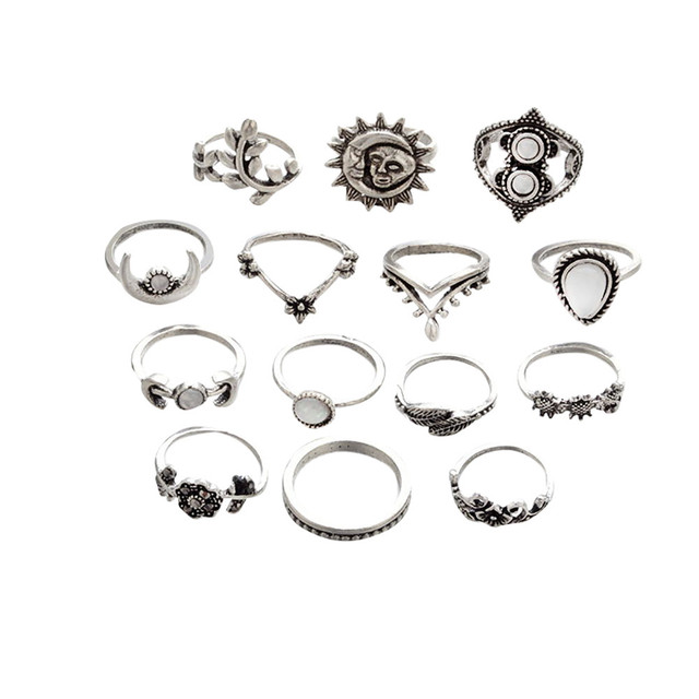 Zestaw 14 sztuk czeskich pierścieni vintage srebrny księżyc liść kwiatu - Wianko - 2