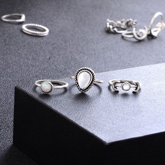 Zestaw 14 sztuk czeskich pierścieni vintage srebrny księżyc liść kwiatu - Wianko - 4