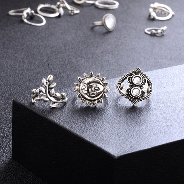 Zestaw 14 sztuk czeskich pierścieni vintage srebrny księżyc liść kwiatu - Wianko - 11